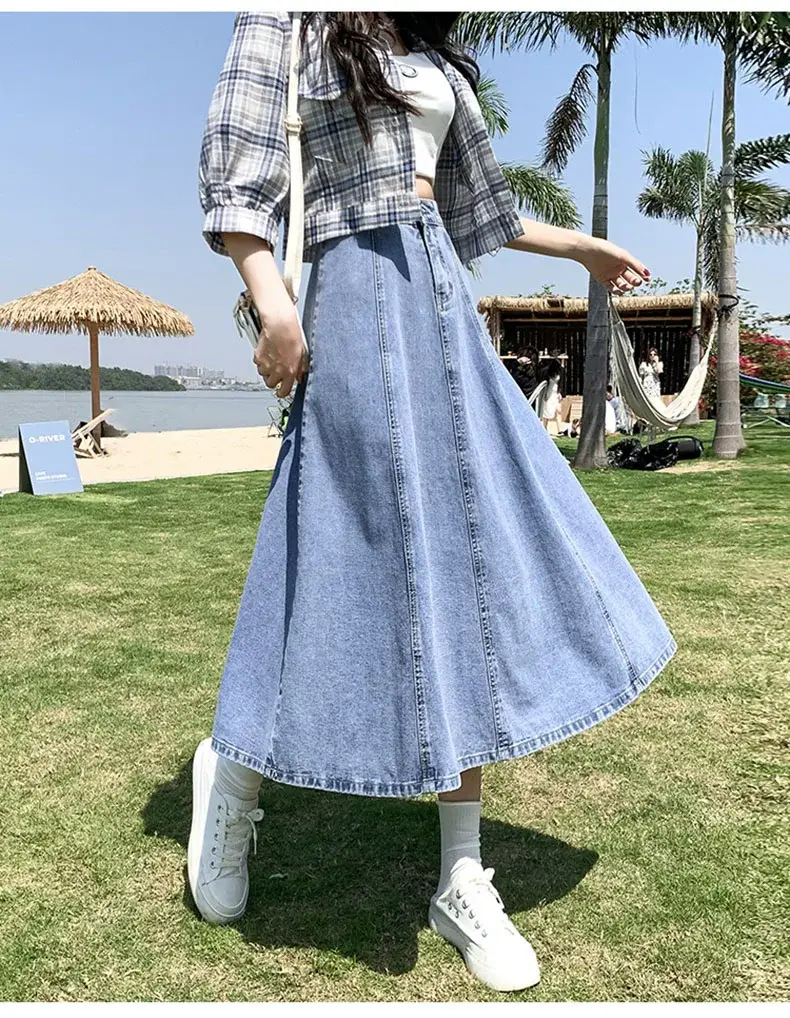 Women's Long Denim Pleated Skirt Mid-Waist A-Line 2025 — feature 6
