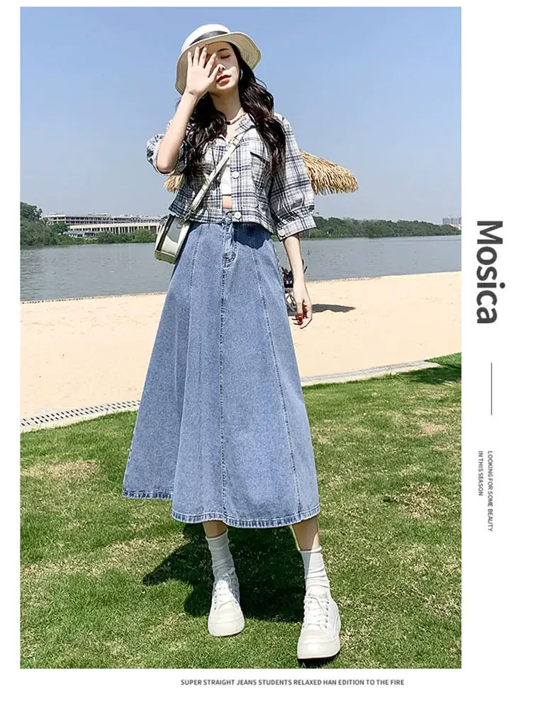 Women's Long Denim Pleated Skirt Mid-Waist A-Line 2025 — feature 7