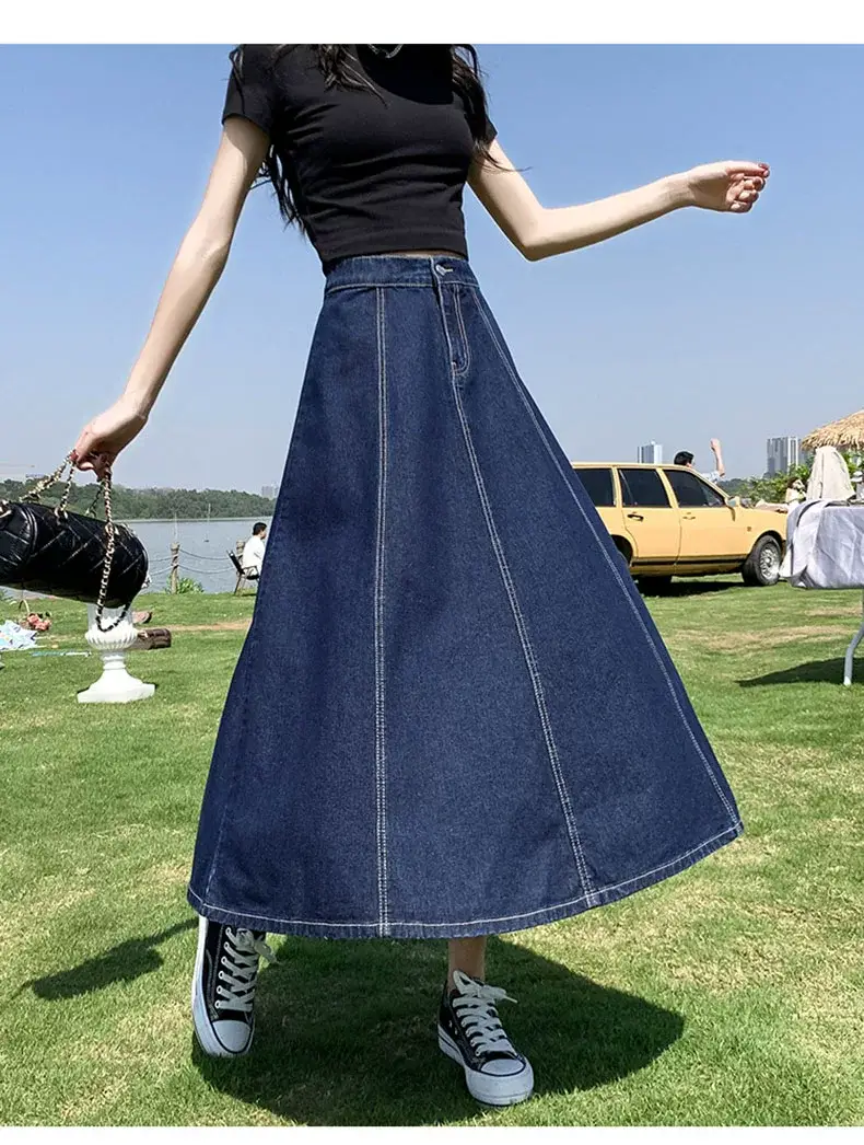 Women's Long Denim Pleated Skirt Mid-Waist A-Line 2025 — feature 9