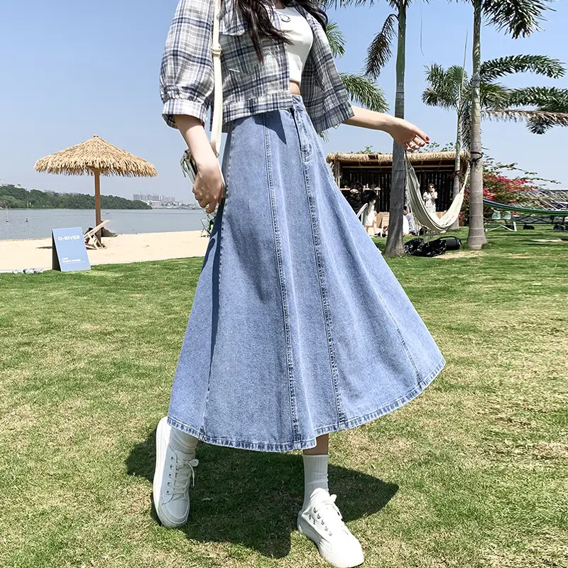 Women's Long Denim Pleated Skirt Mid-Waist A-Line 2025 - Image 2