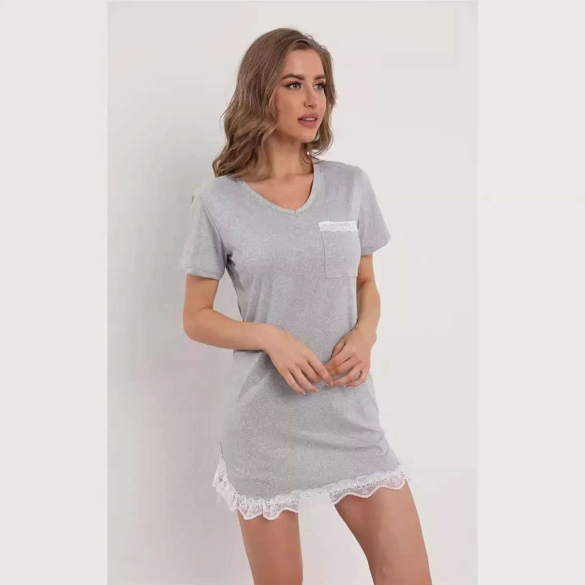 Maroon V-Neck Pajama Set with Lace Bottom