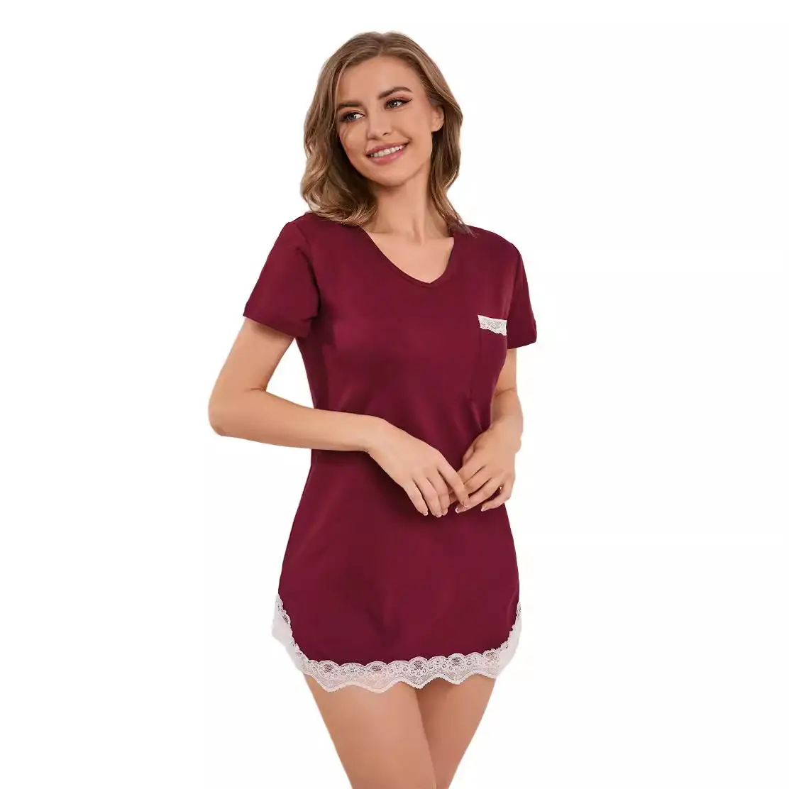 Maroon V-Neck Pajama Set with Lace Bottom