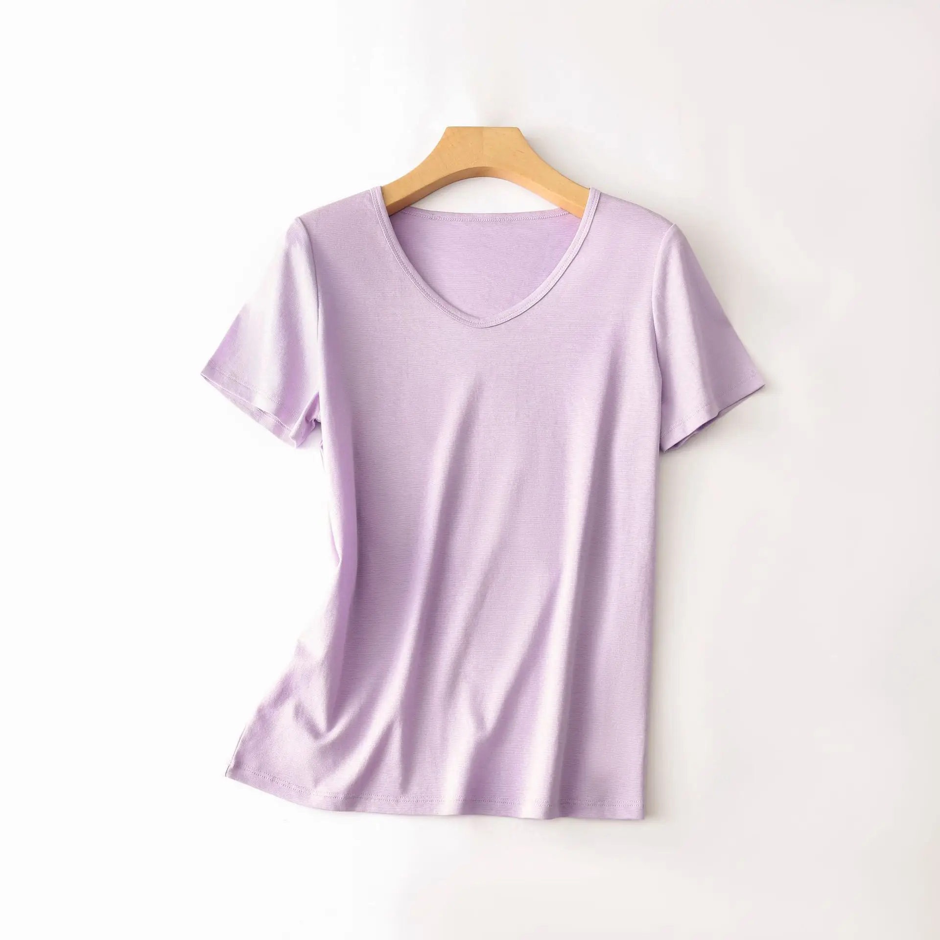 Women V Neck Mercerized Cotton T-Shirt Black Short Sleeve - Image 13