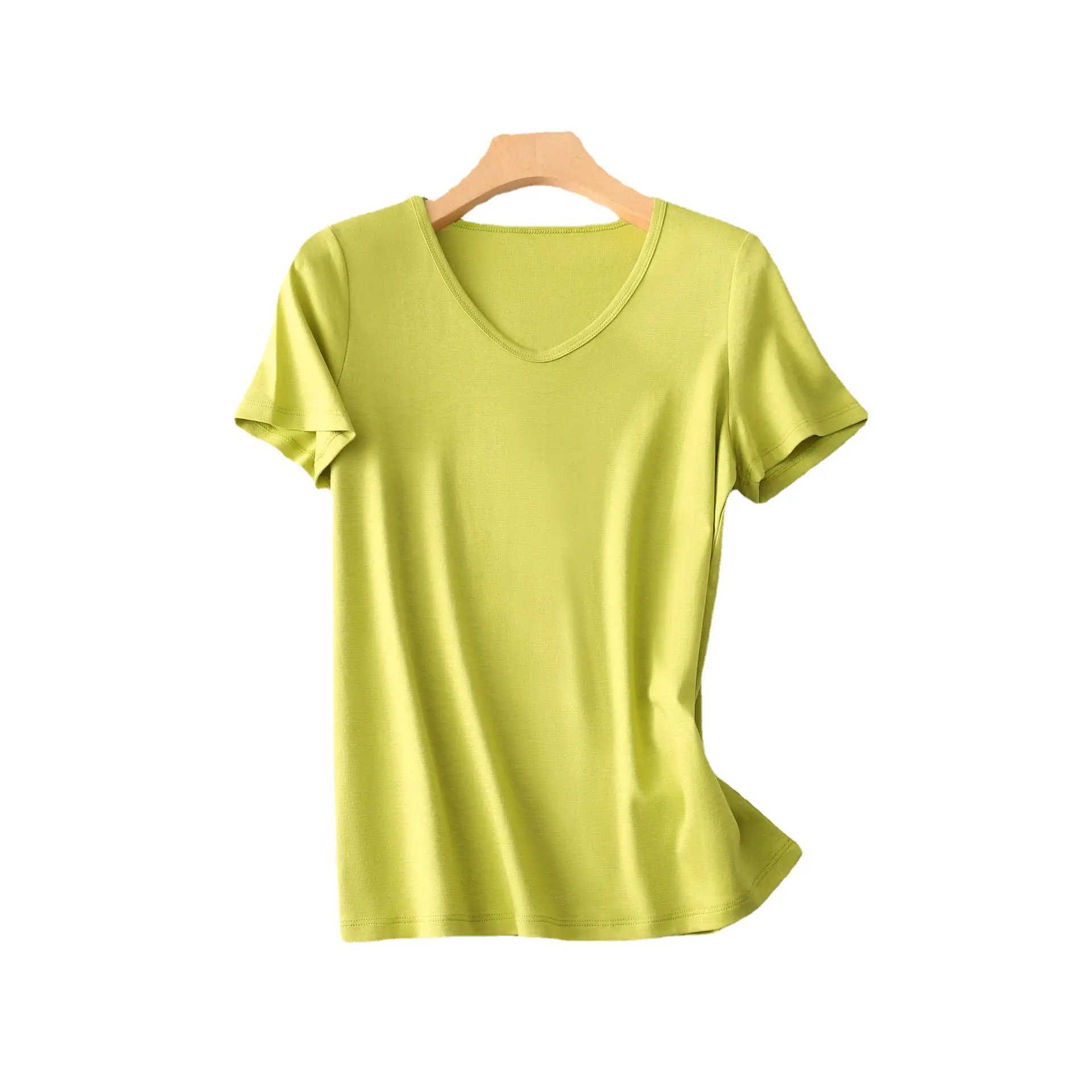Women V Neck Mercerized Cotton T-Shirt Black Short Sleeve - Image 14