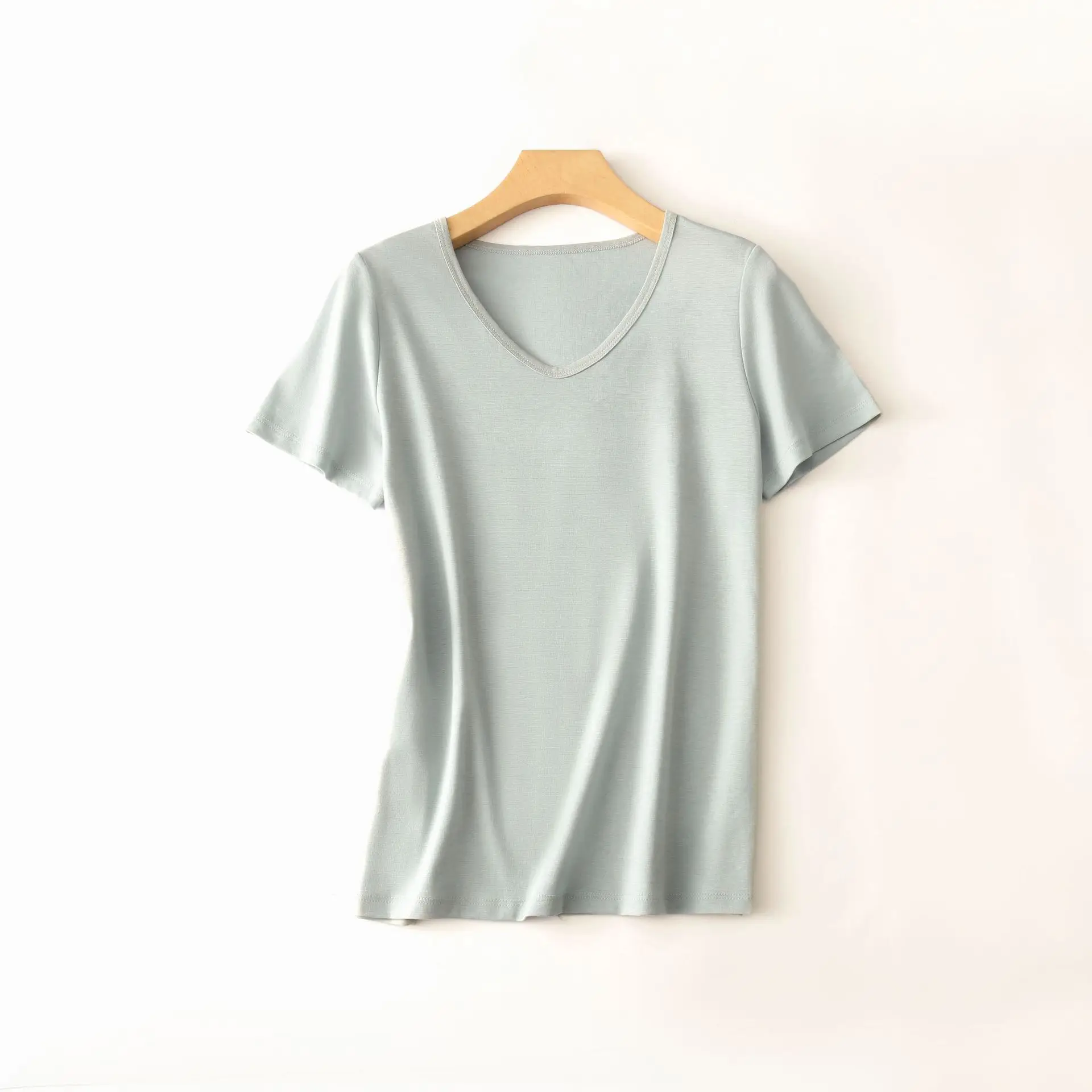 Women V Neck Mercerized Cotton T-Shirt Black Short Sleeve - Image 3