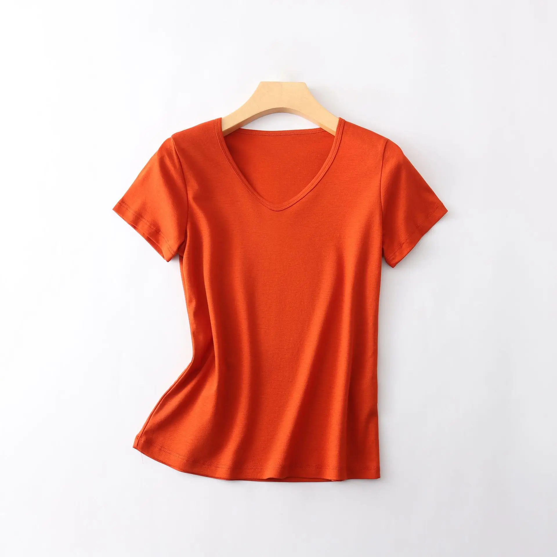 Women V Neck Mercerized Cotton T-Shirt Black Short Sleeve - Image 8
