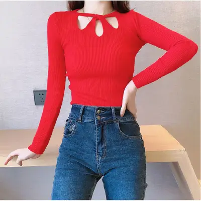 Red Long Sleeve Hollow Out Sweater for Women