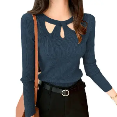Red Long Sleeve Hollow Out Sweater for Women