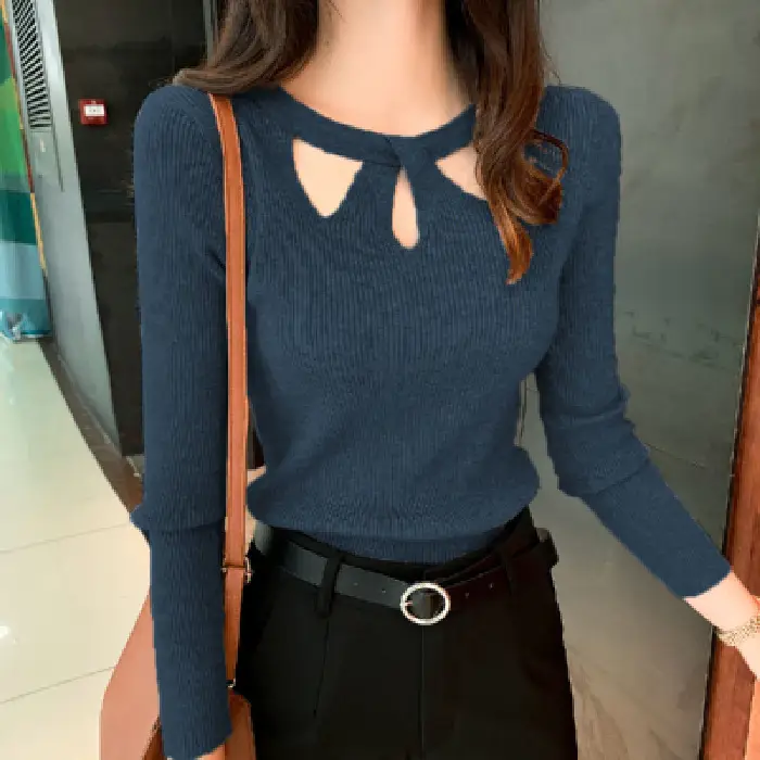Red Long Sleeve Hollow Out Sweater for Women