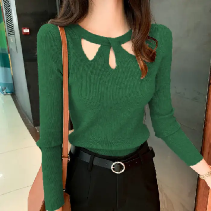 Red Long Sleeve Hollow Out Sweater for Women