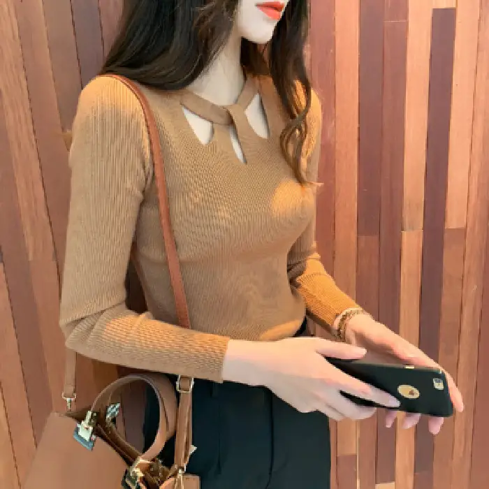 Red Long Sleeve Hollow Out Sweater for Women