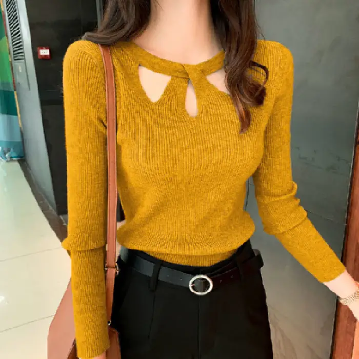 Red Long Sleeve Hollow Out Sweater for Women