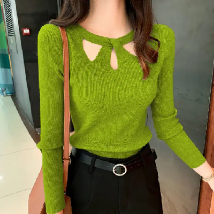 Red Long Sleeve Hollow Out Sweater for Women