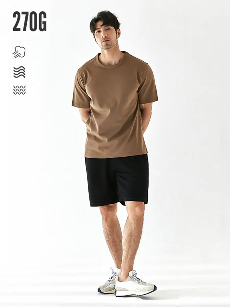 Men 270g Cotton T-Shirt Brown Short Sleeve Casual Top