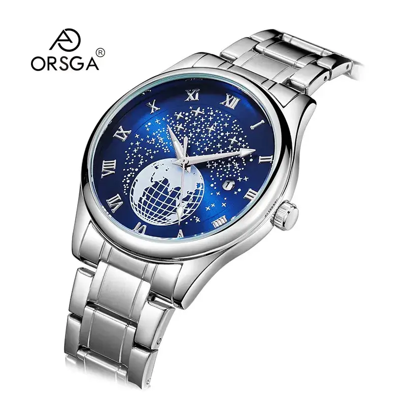 Men's Luminous Blue Globe Dial Watch with Leather Strap - Image 5