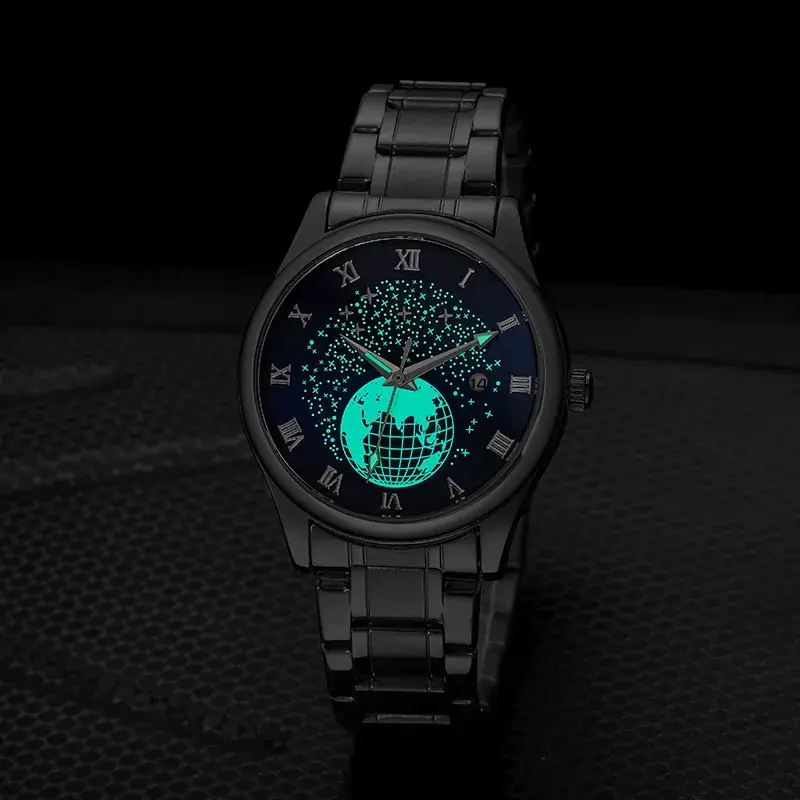 Men's Luminous Blue Globe Dial Watch with Leather Strap - Image 7