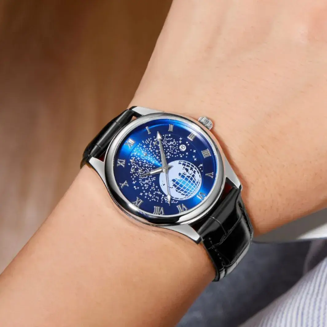 Men's Luminous Blue Globe Dial Watch with Leather Strap - Image 8