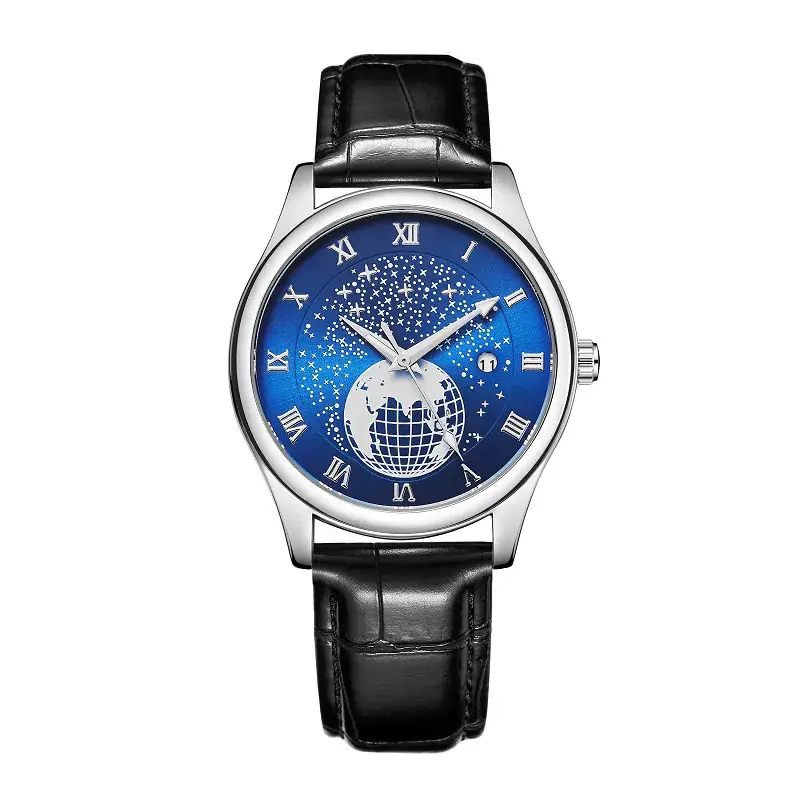 Men's Luminous Blue Globe Dial Watch with Leather Strap - Image 9