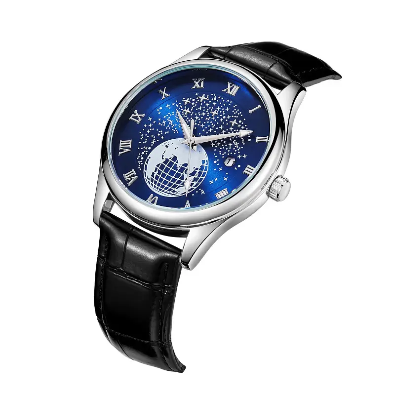 Men's Luminous Blue Globe Dial Watch with Leather Strap — feature 10