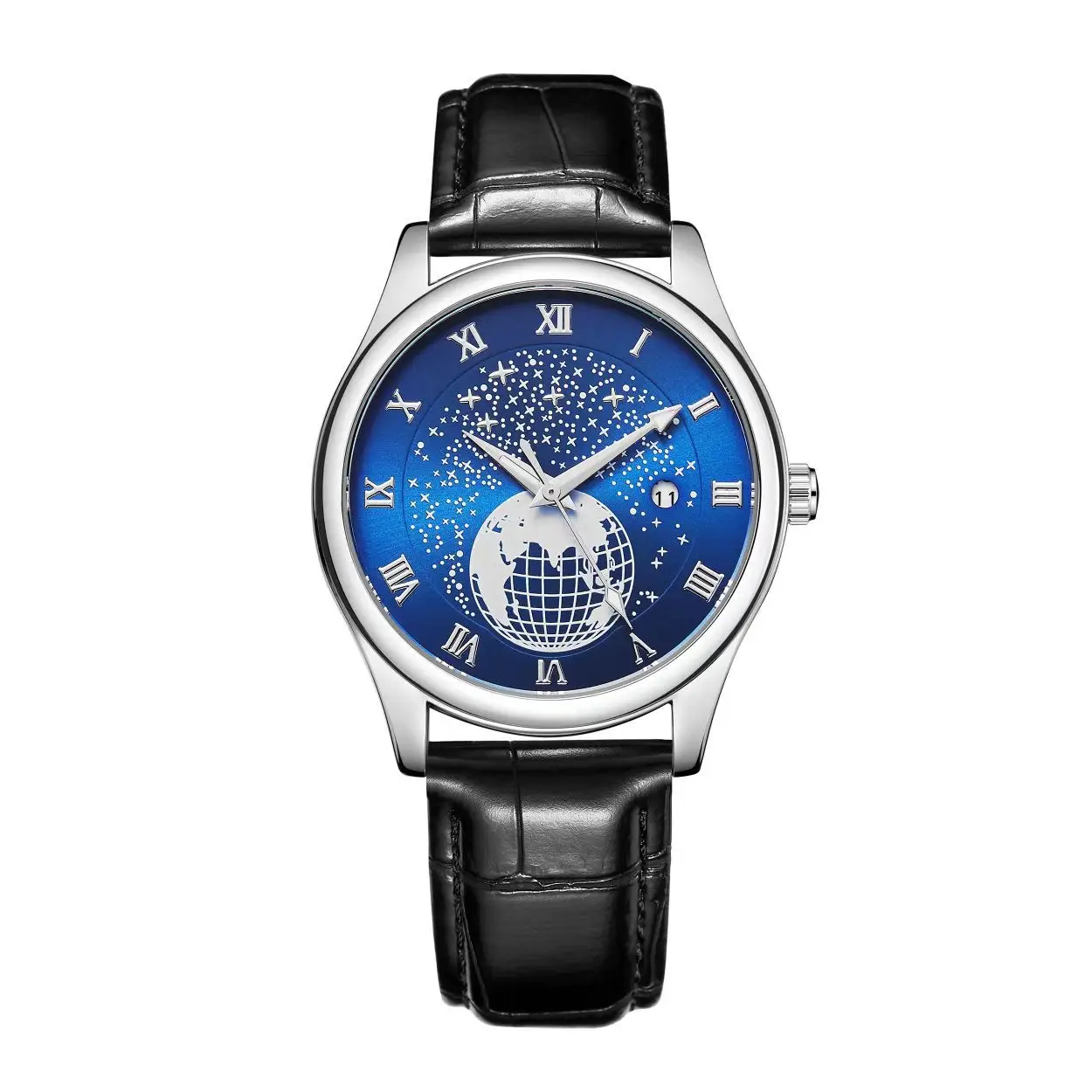 Men's Luminous Blue Globe Dial Watch with Leather Strap — feature 12