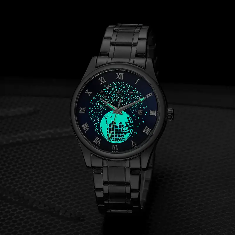 Men's Luminous Blue Globe Dial Watch with Leather Strap — feature 3
