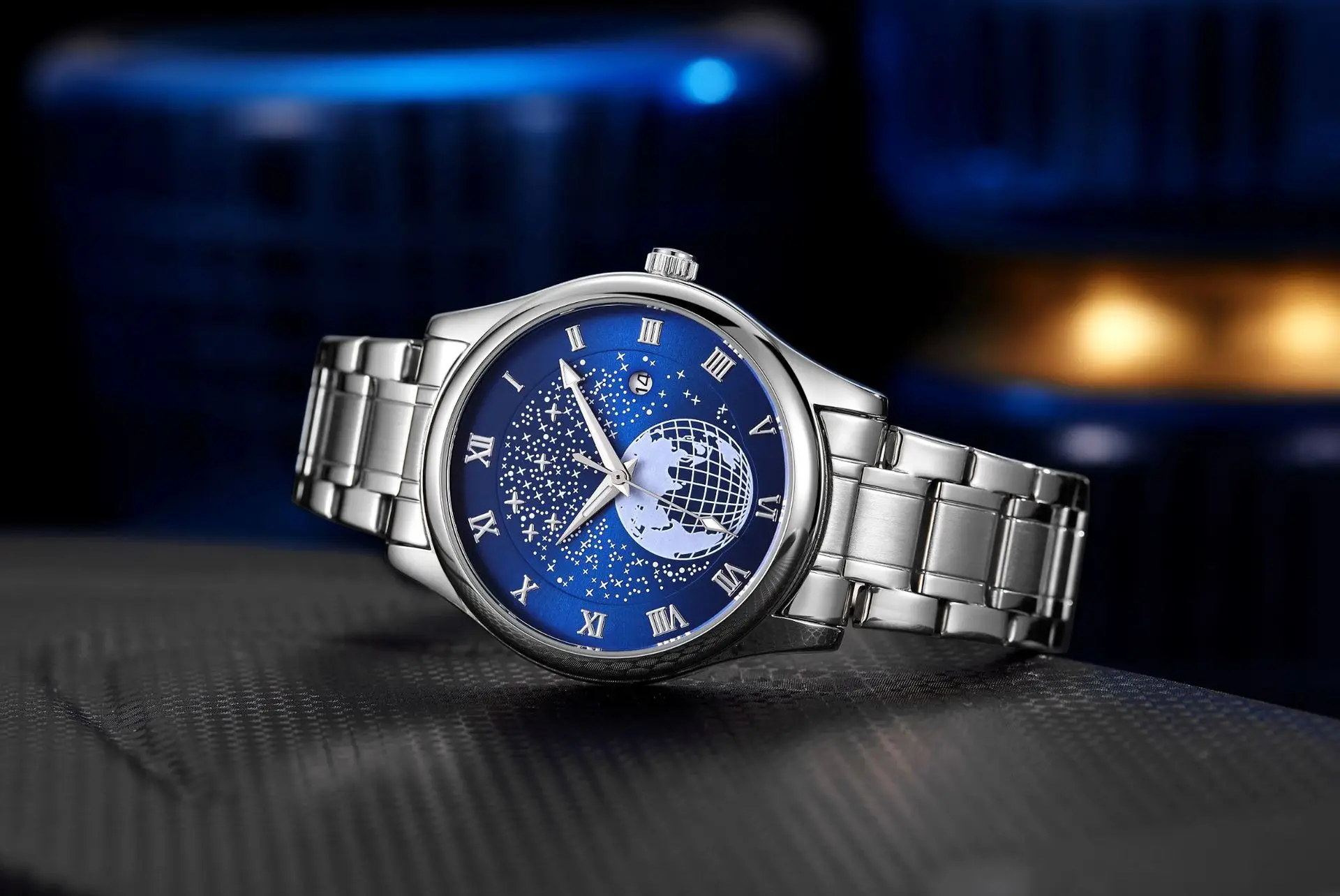 Men's Luminous Blue Globe Dial Watch with Leather Strap — feature 4