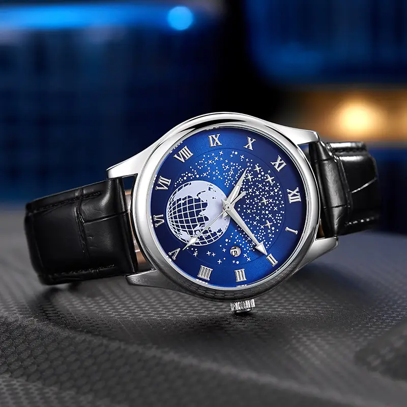 Men's Luminous Blue Globe Dial Watch with Leather Strap — feature 5