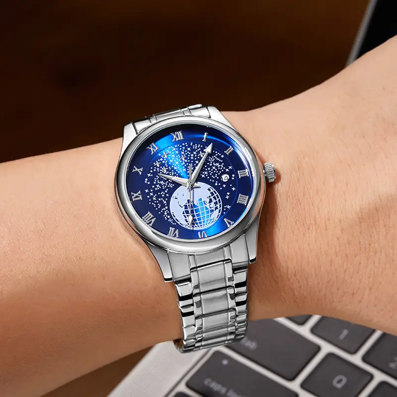 Men's Luminous Blue Globe Dial Watch with Leather Strap — feature 6