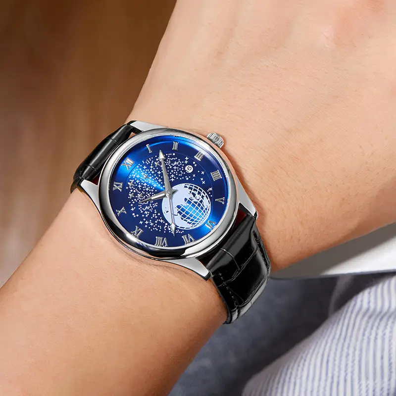 Men's Luminous Blue Globe Dial Watch with Leather Strap — feature 7