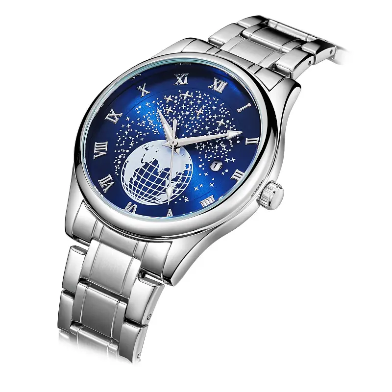 Men's Luminous Blue Globe Dial Watch with Leather Strap — feature 9