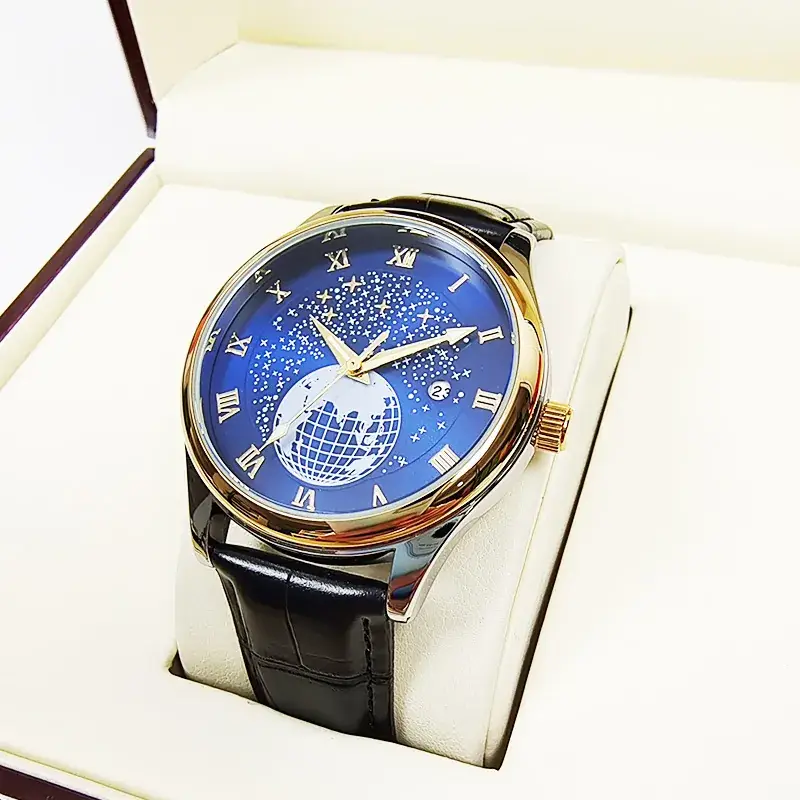 Men's Luminous Blue Globe Dial Watch with Leather Strap - Image 3