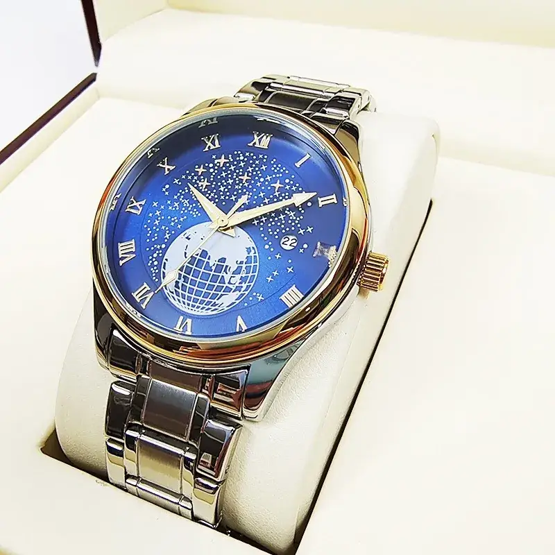 Men's Luminous Blue Globe Dial Watch with Leather Strap - Image 4