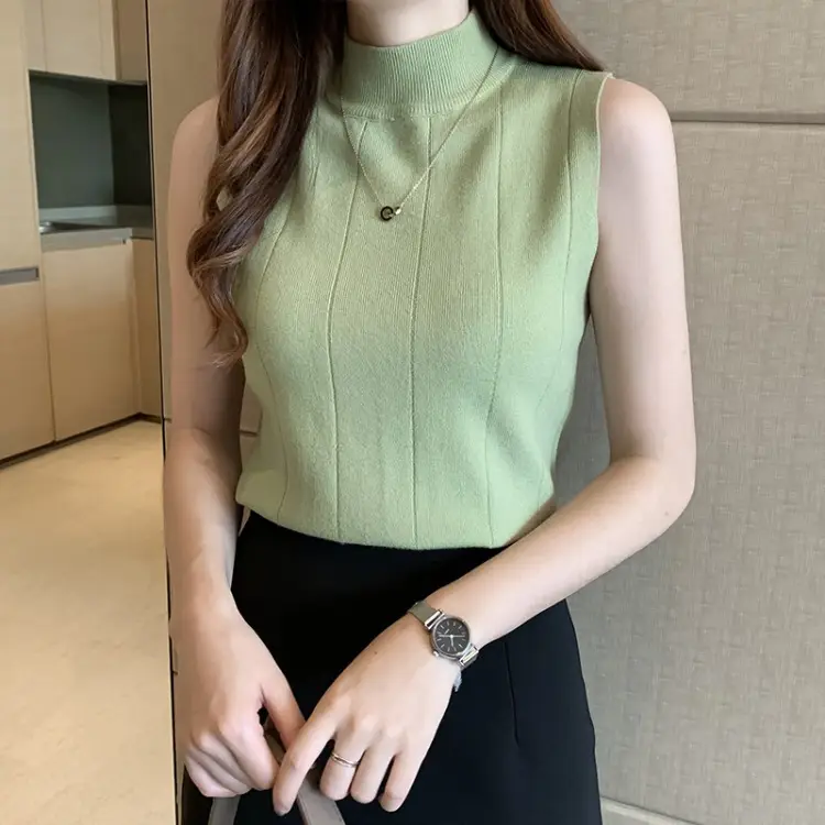 Women's Green Sleeveless Knit Top Vest - Image 10