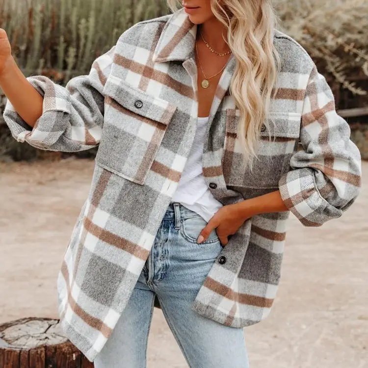 2022 Plaid Woolen Long Sleeve Jacket for Women - Image 5