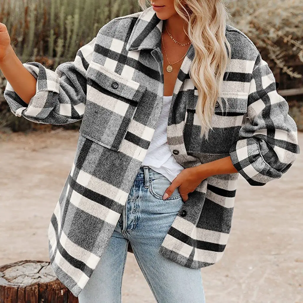 2022 Plaid Woolen Long Sleeve Jacket for Women - Image 7