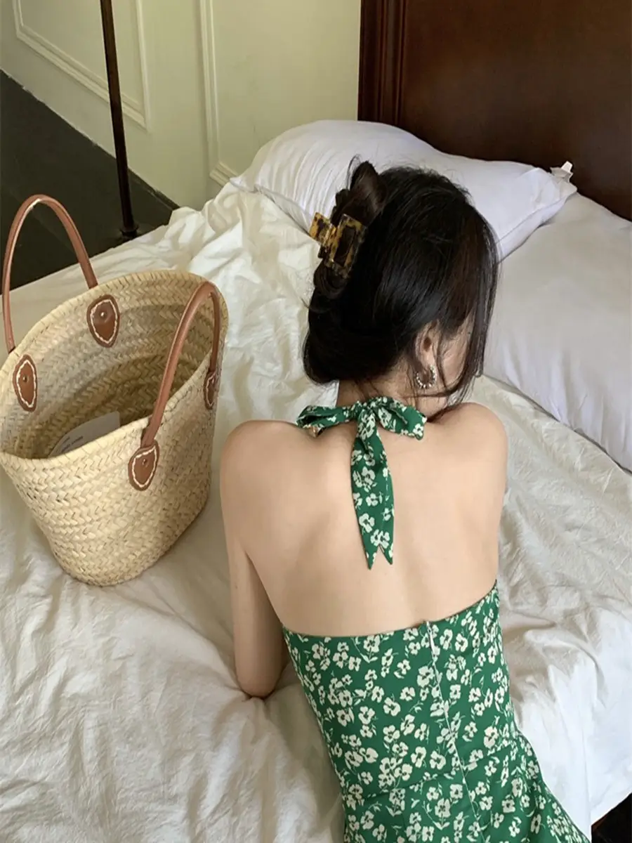 French V Neck Floral Dress for Women Summer Sexy Backless Waist - Image 3