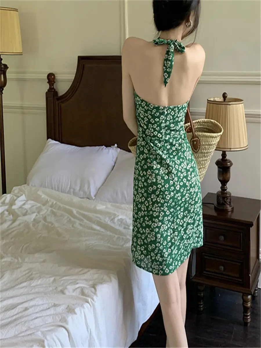 French V Neck Floral Dress for Women Summer Sexy Backless Waist - Image 6