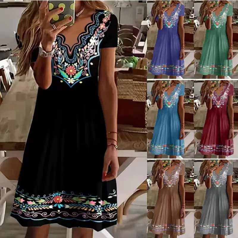 Women's Green Printed V-Neck Dress Wave Pattern - Image 7