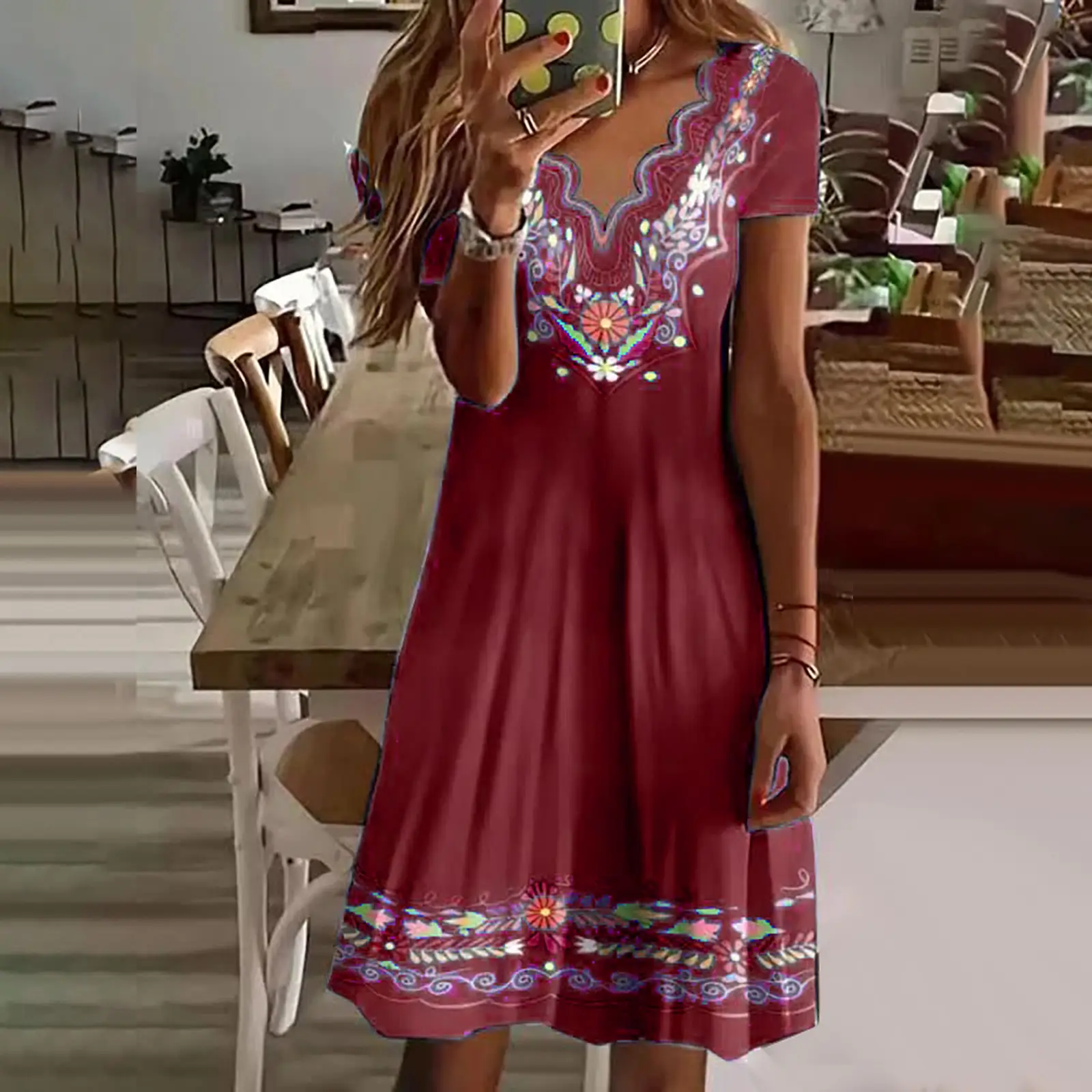 Women's Green Printed V-Neck Dress Wave Pattern - Image 9