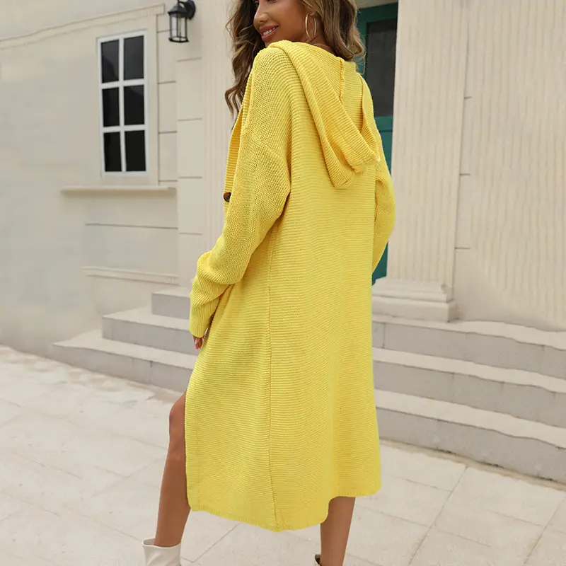 Yellow Hooded Long Sleeve Knit Cardigan Women - Image 9