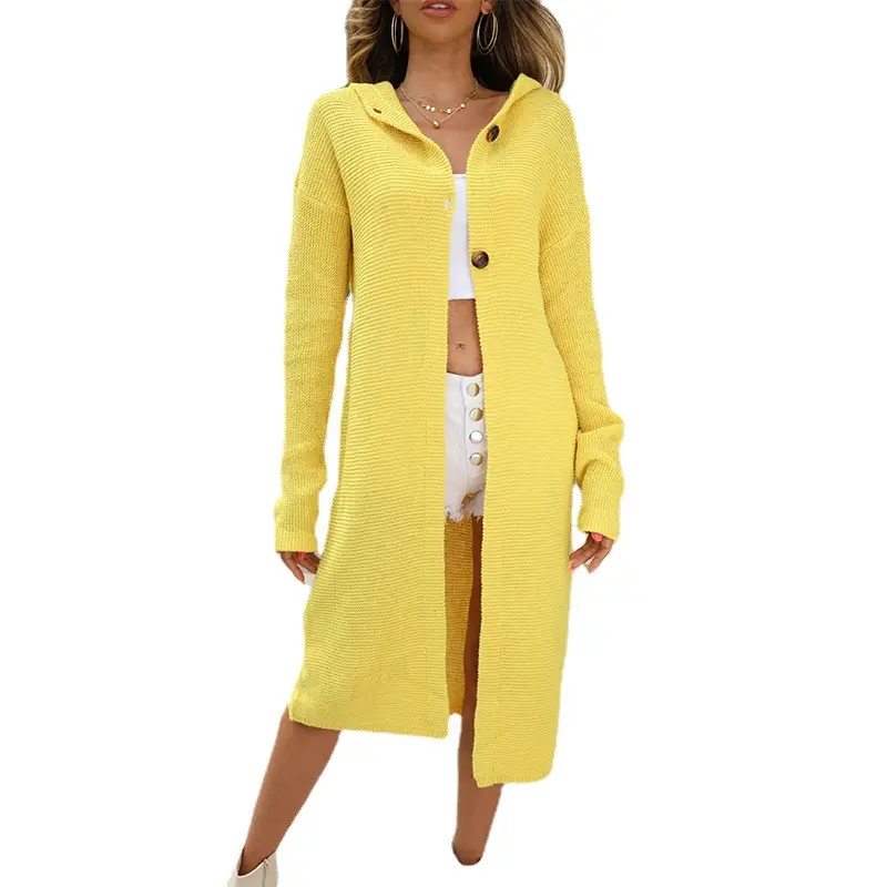 Yellow Hooded Long Sleeve Knit Cardigan Women - Image 11