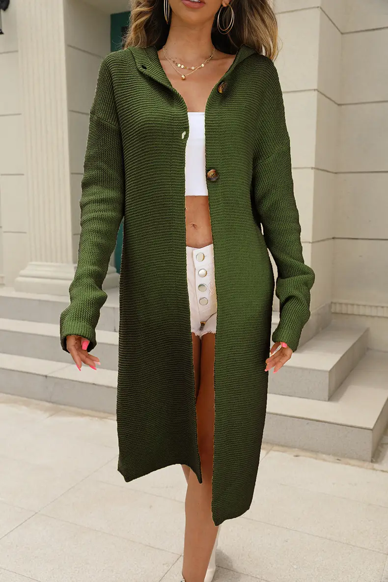 Yellow Hooded Long Sleeve Knit Cardigan Women - Image 4