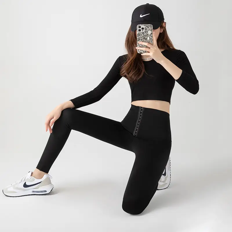 Black Buttoned Yoga Pants Nine Point Length Slimming Leggings - Image 6