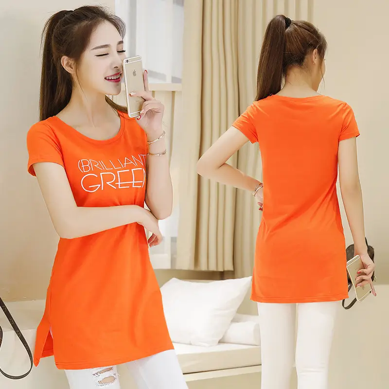 Women Cotton Letter T-Shirt Orange Large - Image 8