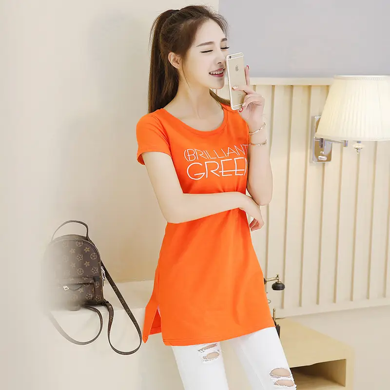 Women Cotton Letter T-Shirt Orange Large - Image 3