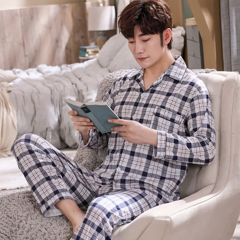 Men's Long-Sleeved Cotton Pajamas Winter Medium - Image 11
