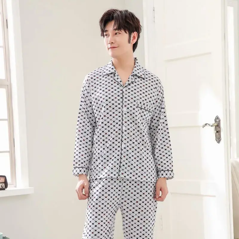 Men's Long-Sleeved Cotton Pajamas Winter Medium - Image 5