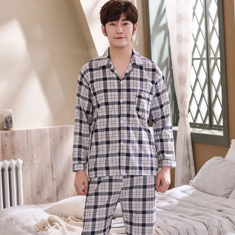 Men's Long-Sleeved Cotton Pajamas Winter Medium - Image 6