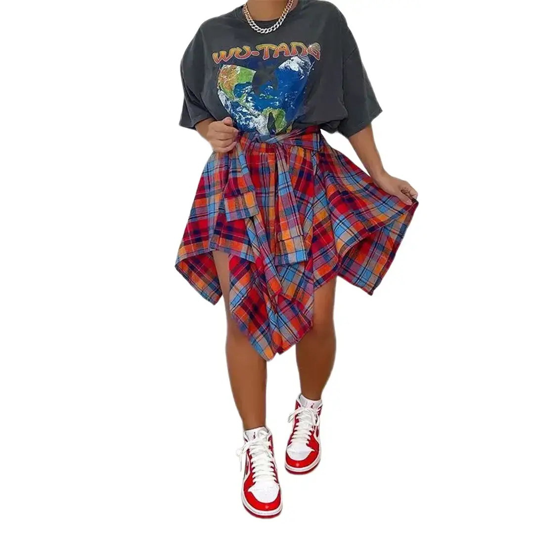 Orange Plaid Asymmetrical Skirt with Green Jacket - Image 7