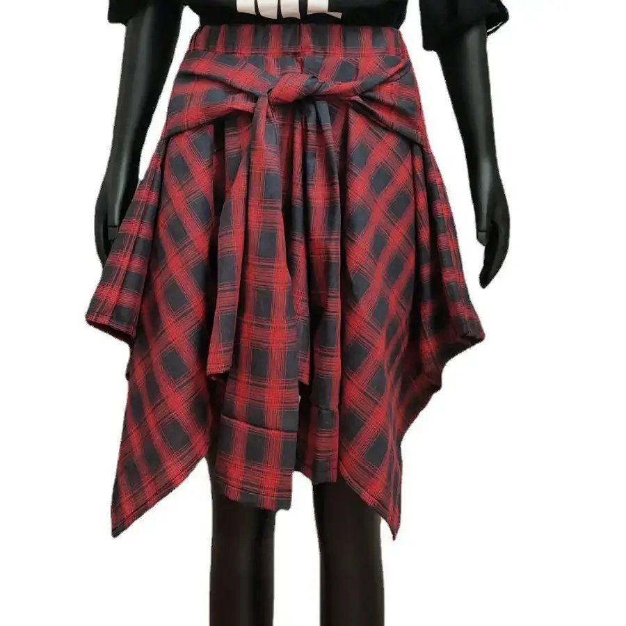 Orange Plaid Asymmetrical Skirt with Green Jacket - Image 9